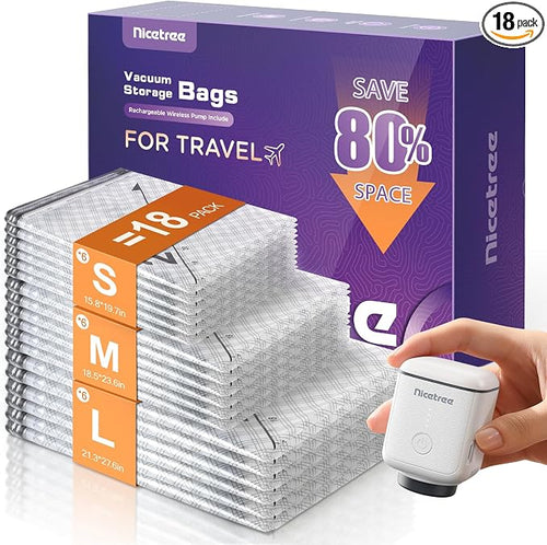 18-Pack Vacuum Bags for Travel with Rechargeable Pump, 3 Sizes | Compression Packing Bags for Carry-On Luggage and Suitcases. Space Saver Vacuum Seal Bags for Clothing and Home Storage by Nicetree