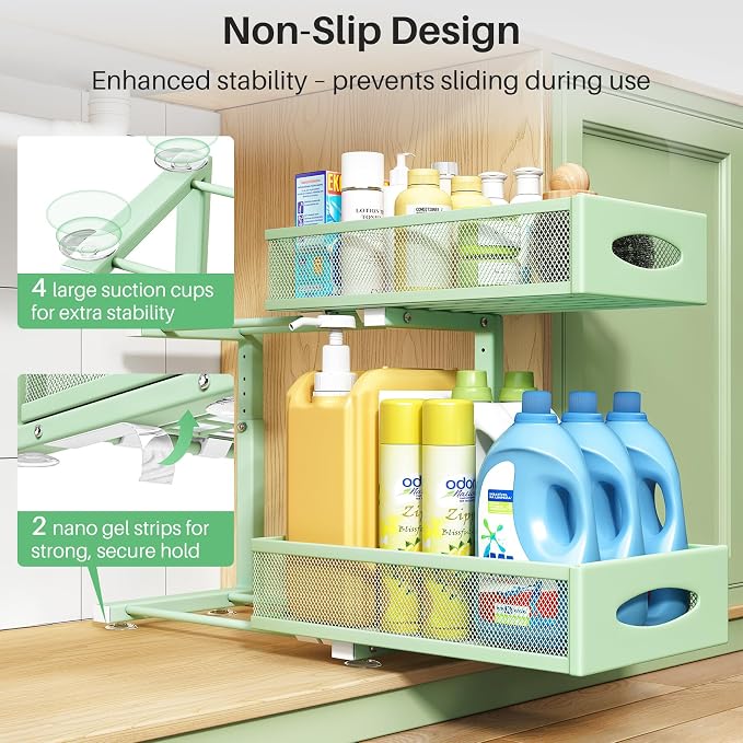Under Sink Organizer, 2 Tier Pull out Cabinet Organizer Baskets with Mesh Sliding Drawers, Slide out Storage Shelf for Home, Kitchen, Bathroom, Pantry, Office Cabinet(1 Pack, Green) - Image 6