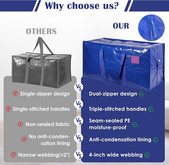 12 Pack Moving Bags with Full-Open Side Zipper, Extra Large 93L Heavy Duty Waterproof Foldable Storage Totes for College Dorm, Moving & Home Organization Blue - Image 9