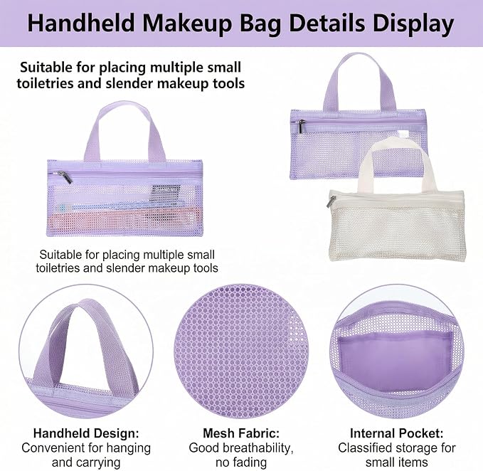 2 Pcs Toothbrush Bag, Mesh Travel Bags Toothbrush Pouch Small Toiletry Pouch Mesh Travel Organizer Bags Portable Makeup Bag Square Storage Holder with Zipper for Men and Women (White, Purple) - Image 3