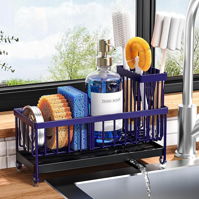 Cisily Sponge Holder for Kitchen Sink, Sink Caddy Organizer with High Brush Holder, Kitchen Countertop Organizers and Storage Essentials, Rustproof 304 Stainless Steel (Navy Blue, 9.25″) - Image 8