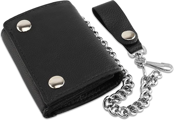 RFID Blocking Men's Tri-fold Vintage Biker Cowhide Leather Steel Chain Wallet,Snap closure, Made In USA,GL315,black by FLCLASSIC