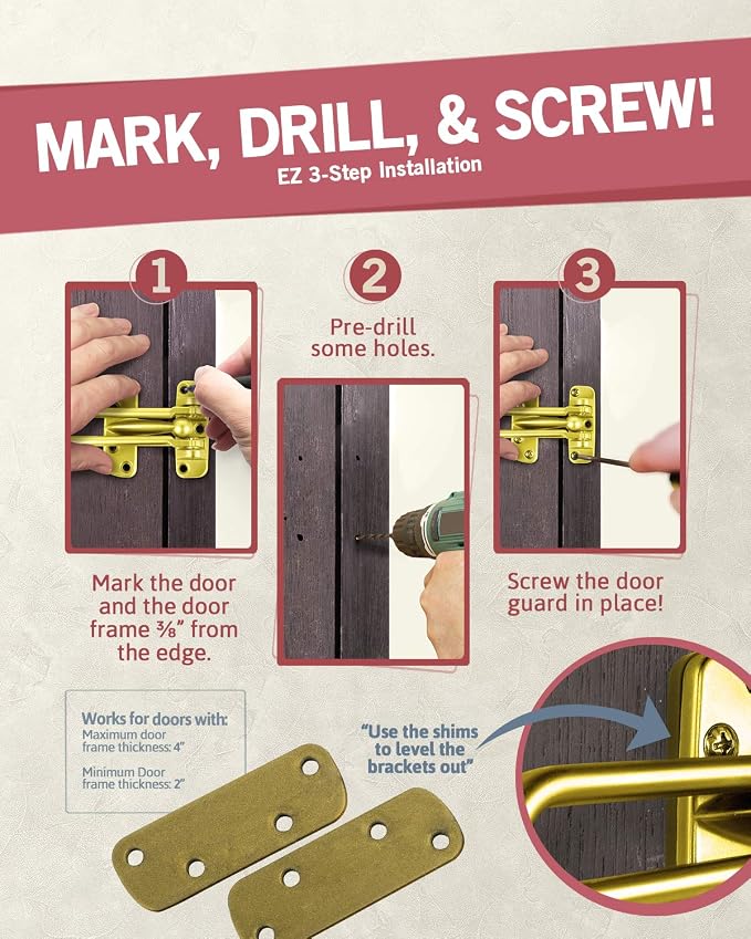 Jack N’ Drill Swing Bar Door Lock Durable Door Guard for Back & Front Doors, Childproof Door Security Made from Reinforced Diecast Metal for Home Security (Brass Plated, 2 Pack) - Image 4