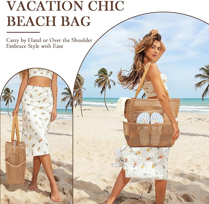 Fammart Mesh Beach Bag for Women, Summer Straw Tote Hobo Pool Bags with Zipper Pocket, Travel Vacation Cruise Essentials 2026 - Image 3