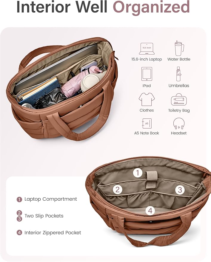Uselike Tote Bag for Women with Zipper, Quilted Puffer Tote Bag with Compartments, Lightweight Puffy Work Bags for Women - Image 5