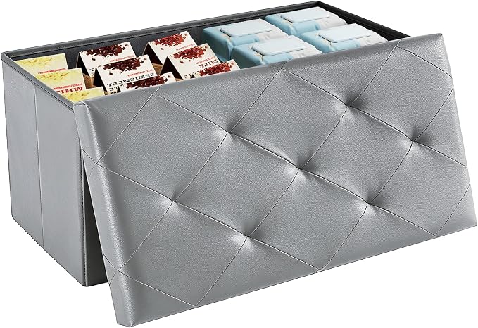 DUMOS 30 Inch Folding Storage Ottoman Bench, Large Hidden Storage Chest | Ottoman with Padded Seat, End of Bed Foot Rest Stool for Bedroom Living Room, Load 660 lbs, Lychee Grain Leather, Gray by DumosLifestyle