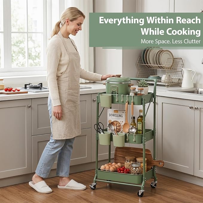 Amatic 3-Tier Folding Rolling Utility Cart with Wheels, Metal Foldable Storage Cart Organizer with 3 Hanging Cups & 6 Hooks for Kitchen, Office, Living Room, Nursery(Green) - Image 7