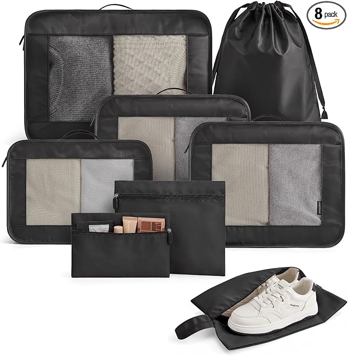 8 Set Packing Cubes for Travel, Cruise Ship Travel Essentials | 8-Pack Packing Bags, Mesh Luggage Organizer Bags & Laundry Shoe Bags for Max Clothing Capacity, Holiday Vacation Camping by LIGHTFLIGHT