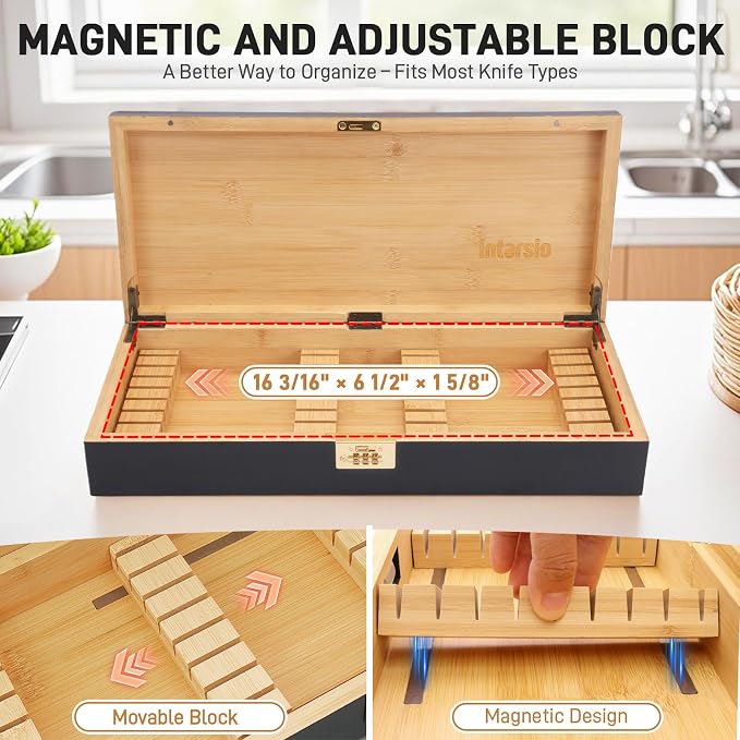 Upgraded Lockable Large Bamboo Knife Storage Box with Magnetic Removable Knife Blocks for Easy, Quick and Safe Culinary Tools Storage, Keyless Kitchen Combination Lock Box, Great Kitchen Gifts - Image 5