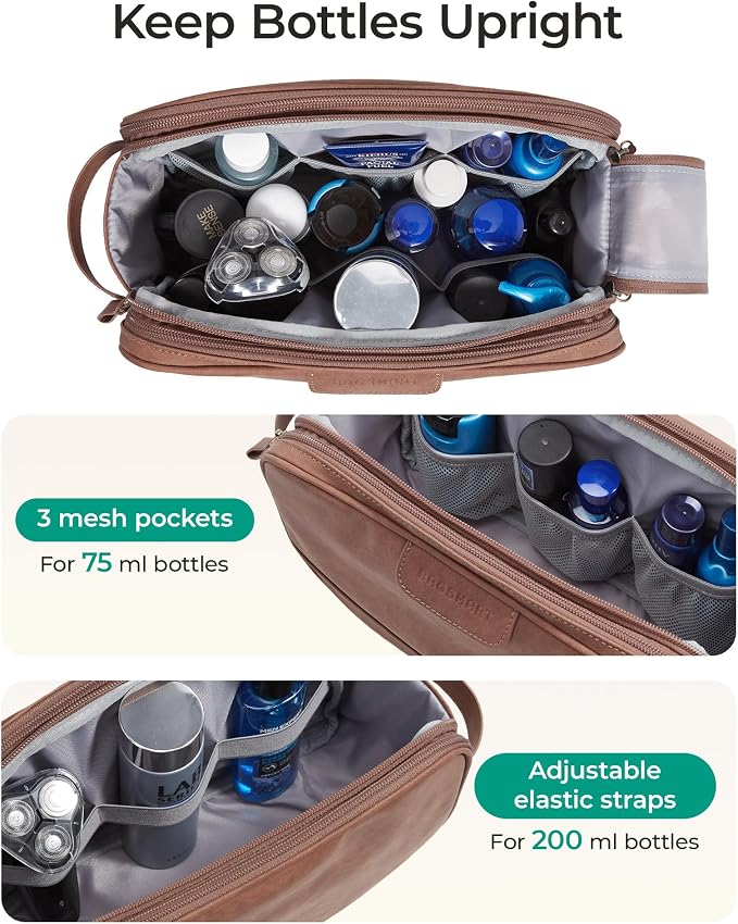 BAGSMART Large Toiletry Bag for Men, PU Leather Water Resistant, Brown | Soft Matte, Travel Bag for Toiletries, Dopp Kit, Shaving Bag for Bathroom Shower - Image 4
