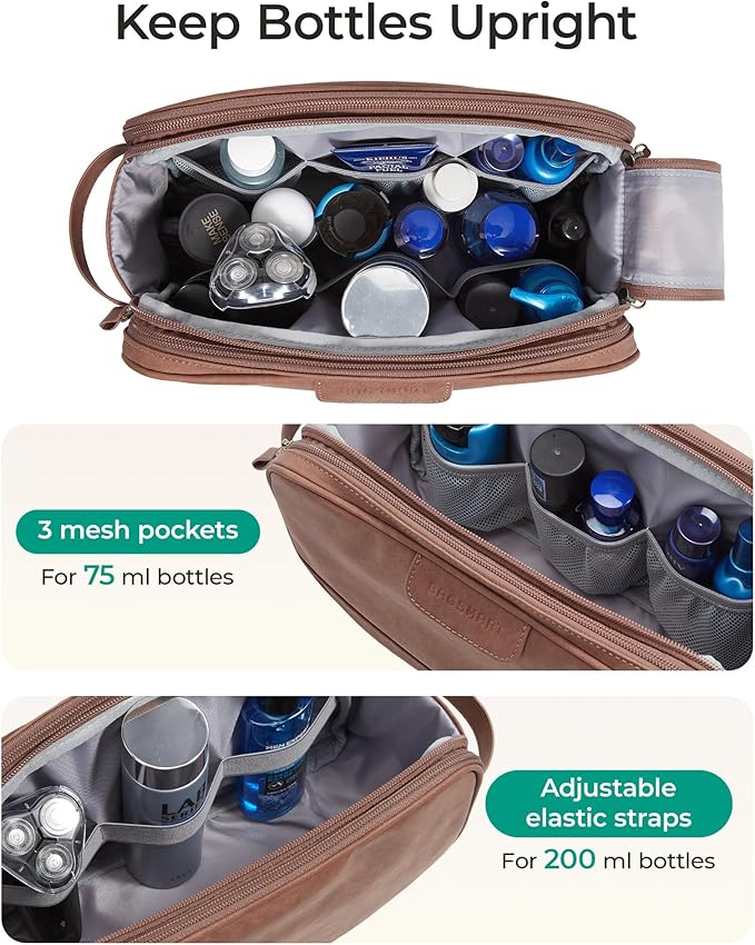 BAGSMART Large Toiletry Bag for Men, PU Leather Water Resistant, Dark Brown | Soft Matte, Travel Bag for Toiletries, Dopp Kit, Shaving Bag for Bathroom Shower - Image 4