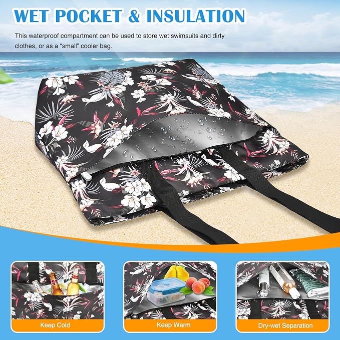 HUANLANG Large Beach Bags for Women Pool Bag with Zipper, Waterproof Sandproof Beach Tote Travel Bag with Wet Pocket - Image 6