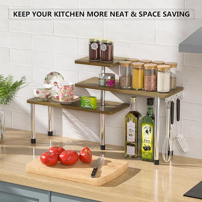 ZHWS Kitchen Corner Shelf Countertop Organizer - 3 Tier Bamboo & Metal Kitchen Organization Plant Stand Living Room Office, Spice Rack On Counter Shelves, Antique - Image 7
