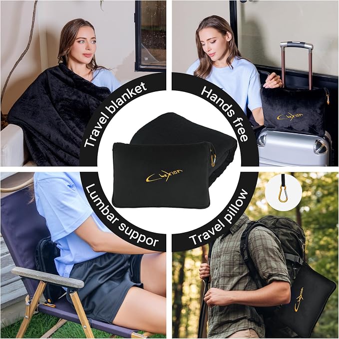 Airplane Travel Blanket with Pillow,300 GSM Soft Fleece Compact Blanket with Carry Bag,Lightweight Travel Blanket for Flights,Black - Image 3