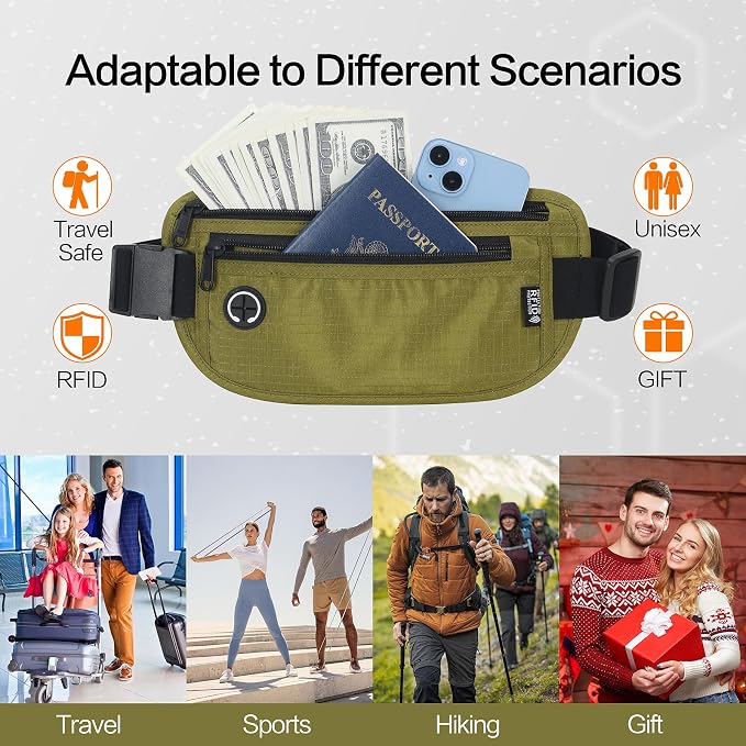 Slim Money Belt for Travel - Anti-Theft Hidden Passport Holder Waist Wallet with Secure Pouch for Cash, Credit Cards & Phone Safe (Small Olive-Green) - Image 4