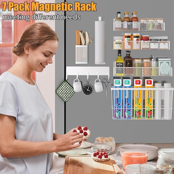 Magnetic Spice Rack for Refrigerator, 7 Pack 100% Metal Strong Magnet Shelf, Spice Organizer W/ Paper Towel Holder, Hook Rack, Utensil Caddy & Cutting Board Holder, Home Kitchen Organization (White) - Image 6