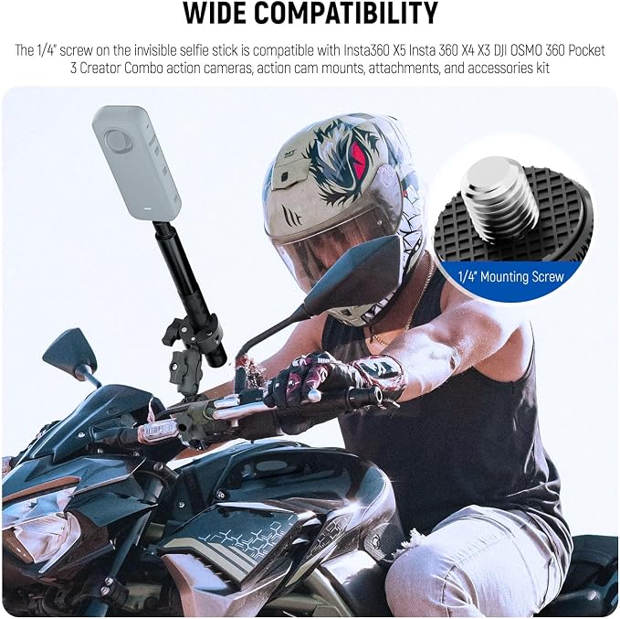 NEEWER Basics Motorcycle Bike Mount Accessories Kit, Invisible Selfie Stick | Bicycle Handlebar Clamp Holder, Compatible with Insta360 DJI OSMO 360 Pocket 3 Action Cameras, for POV Video Recording, GP-32 - Image 3