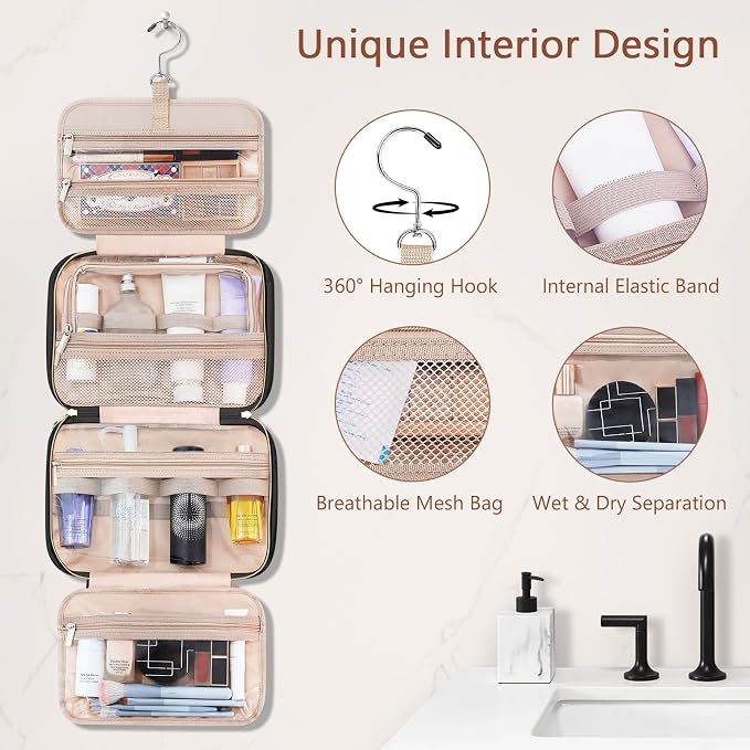 Toiletry Bag for Women, Hanging Travel Toiletry Bag with Jewelry Organizer Compartment Medium Makeup Bag, PVC Waterproof Cosmetic Travel Bag Trips Camping Bathroom, Black+Brown - Image 5