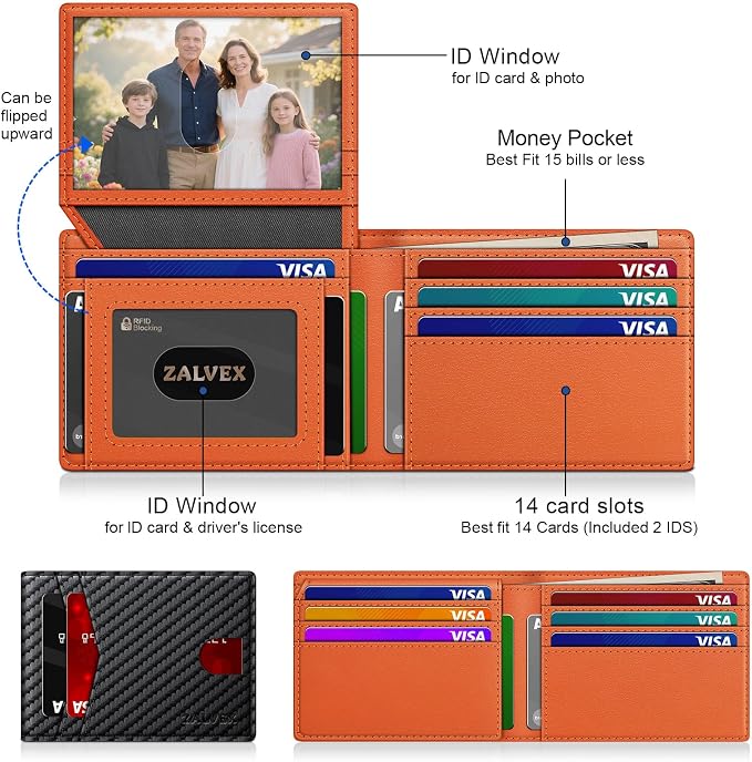 Wallet for Men Slim RFID Blocking Leather Credit Card Holder Wallet for 14 Cards, Bifold Minimalist Thin Wallet with 2 ID Windows & Cash Slot, Front Pockt Carteras Para Hombres, Birthday Gifts for Men | 14 Cards Bifold Minimalist Thin Wallet with 2 ID ... - Image 2