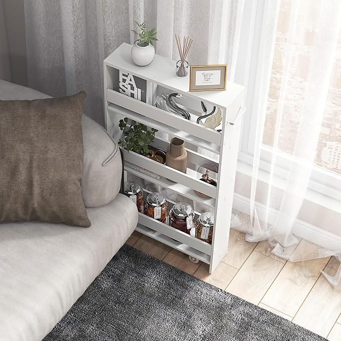 COSTWAY Slim Rolling Storage Cart, 4-Tier Rolling Utility Cart, Wood Kitchen Storage Cart with Handle & Wheels, Narrow Rolling Shelving Unit for Kitchen Bathroom Laundry Small Places (Plain White) - Image 9