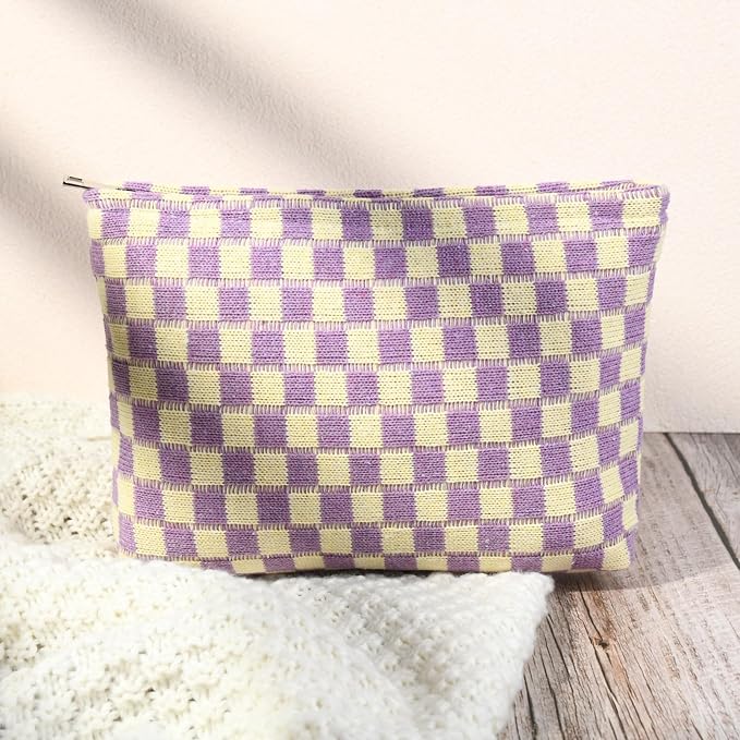 SOIDRAM 2 Pcs Checkered Makeup Bag Large Cosmetic Bag Toiletry Bag Makeup Pouch Travel Bag Organizer Cute Makeup Brushes Aesthetic Accessories Storage Bag for Women Purple - Image 5