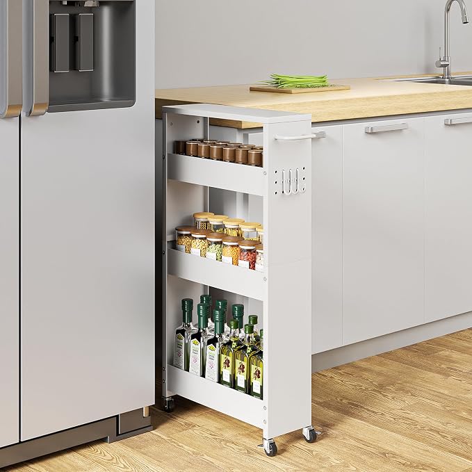 XYZLVSI Slim Storage Cart, Narrow Kitchen Rolling Cart for Small Spaces | 5.9" W skinny storage cart, 12.4" bottom metal utility cart with 360° swivel wheels for bathroom/laundry, slim shelf, white - Image 2