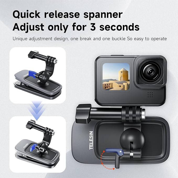 TELESIN 360° Swivel Ball-Head Backpack Clip Mount for Action Cameras | Dual-pivot 360° ball head and serrated spring clip for stable POV shooting; fits GoPro, DJI, Insta360 and AKASO. - Image 4
