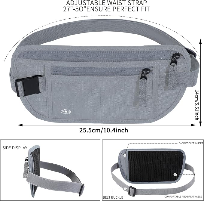 Money Belt for Travel, RFID Blocking, Hidden Money Belt, Passport Holder for Travel (Grey) - Image 2