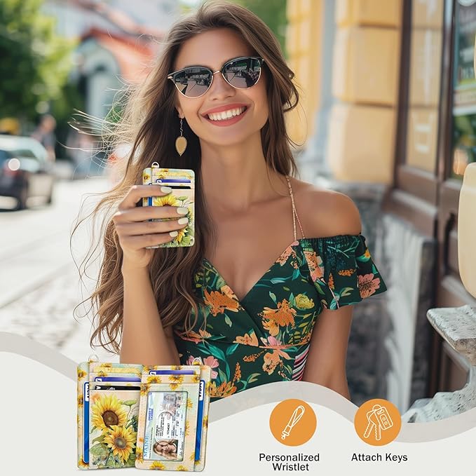 Yonlevres Sunflower Credit Card Holder Slim RFID Wallet Women Small Travel | Front Pocket, Handy, RFID Blocking, Woman Girls Ladies Gifts, D-ring for Keychain,Thin Mini Card Case, ID Window, PU Leather - Image 2