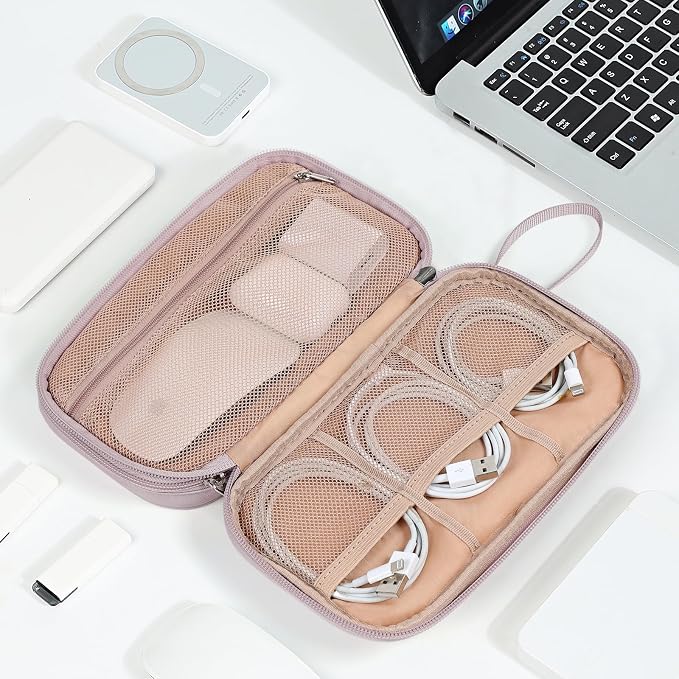 NISHEL Electronics Travel Organizer Cord Case, Charger Cable Tech Bag | Double-layer bag keeps chargers, cables, flash drive, and small tech essentials organized for trip, Medium, Peach Pink - Image 7