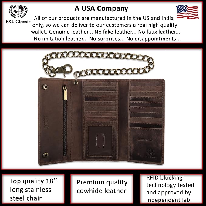 F&L CLASSIC RFID Blocking Mens Tri-fold Long Style Cowhide Leather Steel Chain Wallet,Antique dark brown - Image 2