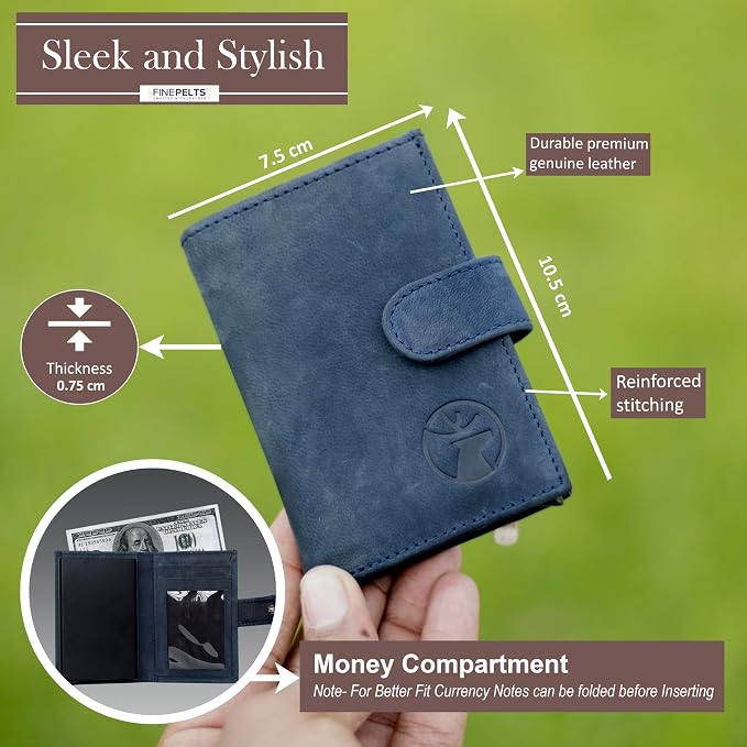Anti-Theft Top Grain Leather RFID Card Holder Cum Minimalist Wallet for Men's and Women's (Navy Blue) - Image 5