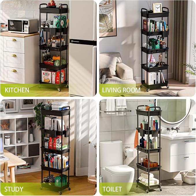 Sorgion 5 Tier Rolling Cart Organizer,Bathroom Cart Organizers with Wheels Laundry Room Organization Mobile Shelving Unit Utility Cart Storage Shelves Multi-Functional for Office, Home(Black) - Image 6