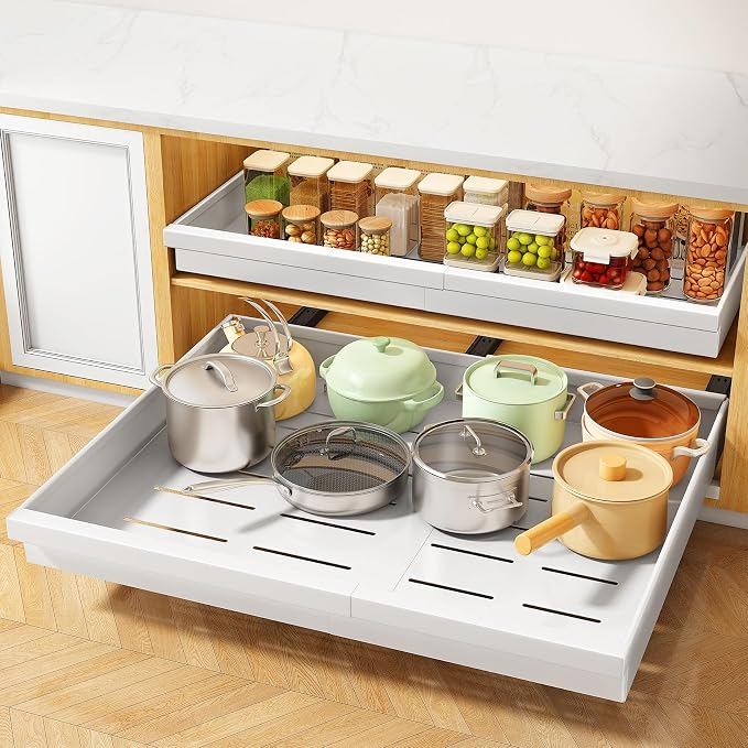 Pull out Cabinet Organizer, 1-Pack Expandable(13.6"-24") Silde out Drawers with Raising Pad for Framed Cabinets, Adjustable Full-Extension Adhesive Roll out Shelves for Kitchen Pantry Home Pot and Pan by PXRACK