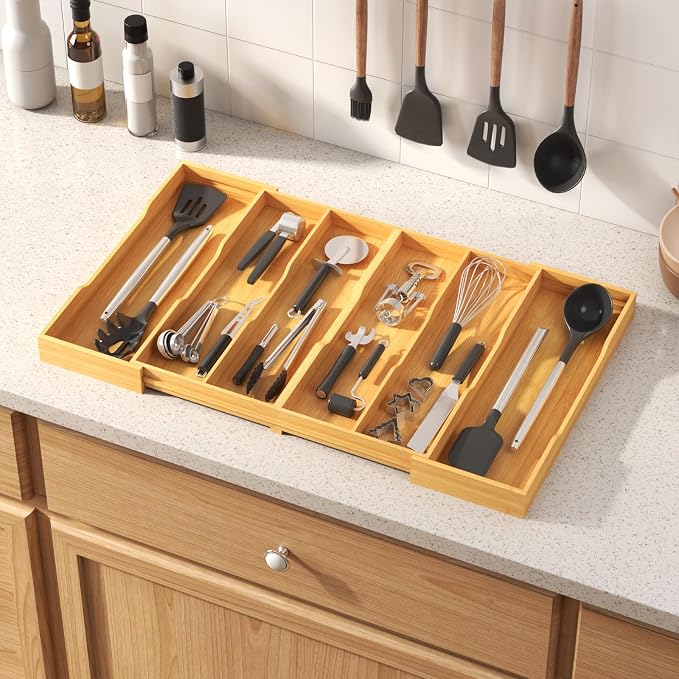 Lifewit Bamboo Utensil Organizer for Kitchen Drawer, Cooking Utensil Tray | Expandable Cutlery Silverware Flatware Holder, Wood Adjustable Spatula Tools Storage Divider, 17.8-28.3 x 17", Natural - Image 2