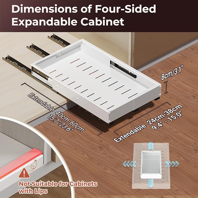 Pull Out Drawers for Cabinets, 1 Pack Slide Out Drawer Expandable Width (10"-16") and Depth (17"-25") with 3 Slide Rails, Fixed with Adhesive Film or Nail for Cabinets in Kitchen, Pantry or Bathroom - Image 3