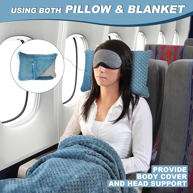 Travel Blanket Airplane Compact with Bag, Travel Essentials 3 in 1 Packable Airplane Blanket, Travel Pillow and Blanket Set, Inflatable Pillow, Luggage Sleeve & Backpack Clip (Slate Blue) - Image 2
