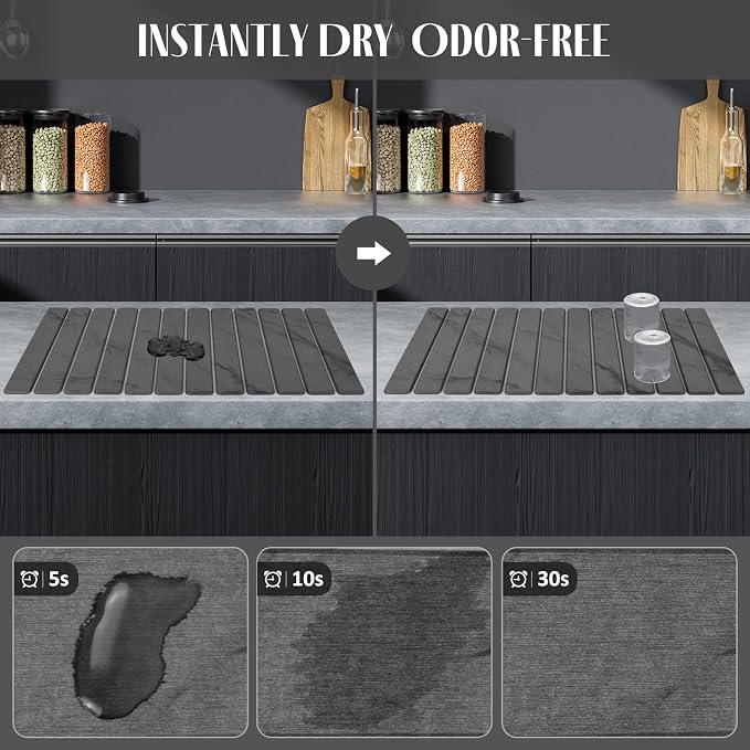 2 PCS Extra Large Stone Dish Drying Mat for Kitchen Counter, 28"×16" Marble Dish Drying Mat with 8"x 4" Coasters, Non - Slip Collapsible Absorbent Mat for Multi - Purpose, Match Any Countertop - Image 2