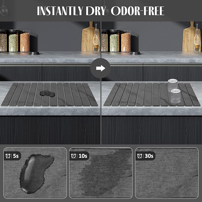 Large Stone Dish Drying Mat for Kitchen Counter, Quick Dry Dish Drying Mats, Foldable Absorbent Diatomaceous Earth Mats for Dishes Bottles Cup, Match Any Countertop (Gray Marble 28"×16" & 8"x4") - Image 2