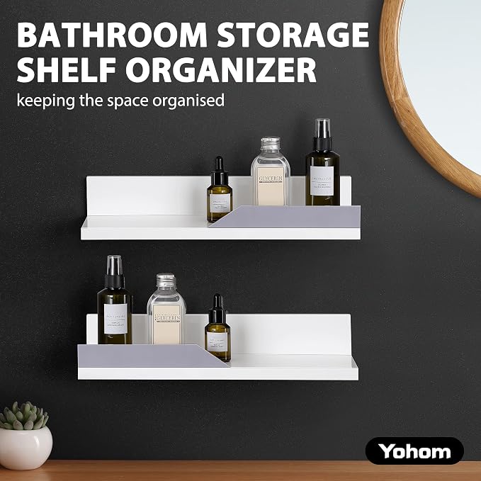 YOHOM White Floating Adhesive Bathroom Wall Storage Shelf No Drilling Display Ledge Organizer for Shower Caddy Kitchen Holder 14.96inch - Image 6