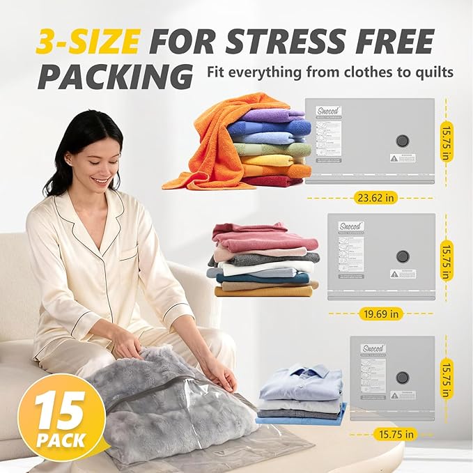 15 Pack Travel Vacuum Bags with Electric Pump, 70KPa Vacuum Storage Bags for Clothing, Reusable Space Saver Bags for Suitcase, Travel & Home Storage, Plaster White - Image 5