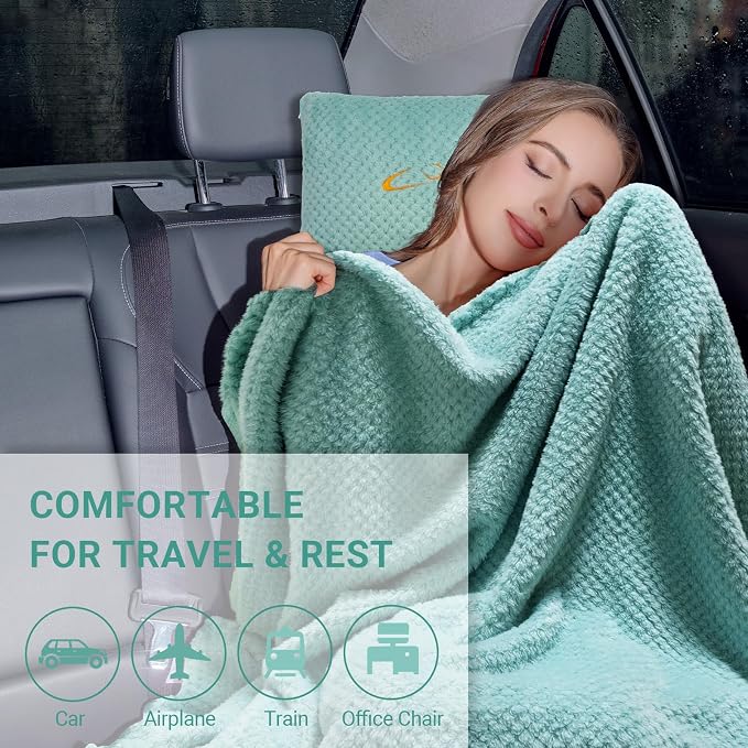 Compact Travel Blanket for Airplane, Premium Soft 2-in-1 Blanket with Pillowcase and Carry Bag, Lightweight Travel Essentials with Luggage Sleeve and Backpack Clip, Mint Green - Image 7