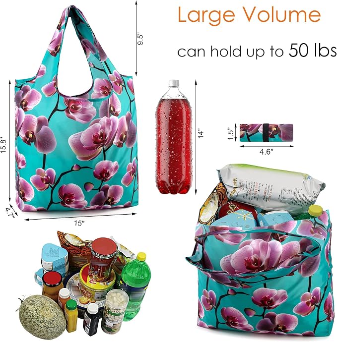BeeGreen 12 Packs Flower Reusable Grocery Bags Reusable Tote Bags Extra Large 50LBS Cute Floral Design Foldable Reusable Bags for Women Men Lightweight Durable - Image 4