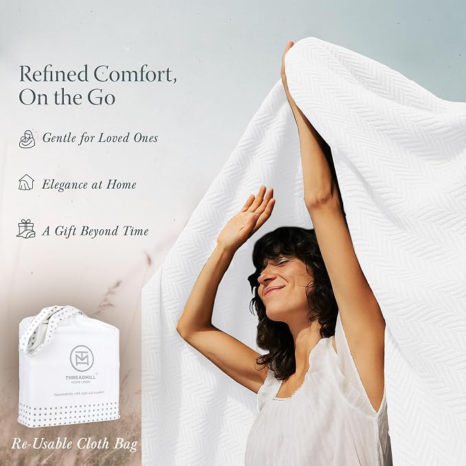 Threadmill Cotton Twin Blanket, Herringbone, White, 68x92 in, Breathable | 100% Cotton, Herringbone Pattern, 350 GSM, 68x92 in, Breathable, Moisture-Wicking, All-Season, OEKO-TEX Certified - Image 7