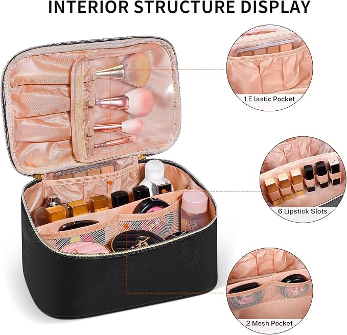 senbowe Travel Makeup Bag, Large Capacity Cosmetic Bags for Women,Portable Waterproof Leather Toiletry Bag Make Up Organizer Bag with Divider and Handle - Image 3