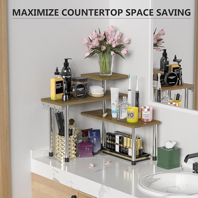 ZHWS Kitchen Corner Shelf Countertop Organizer - 3 Tier Bamboo & Metal Kitchen Organization Plant Stand Living Room Office, Spice Rack On Counter Shelves, Antique - Image 3