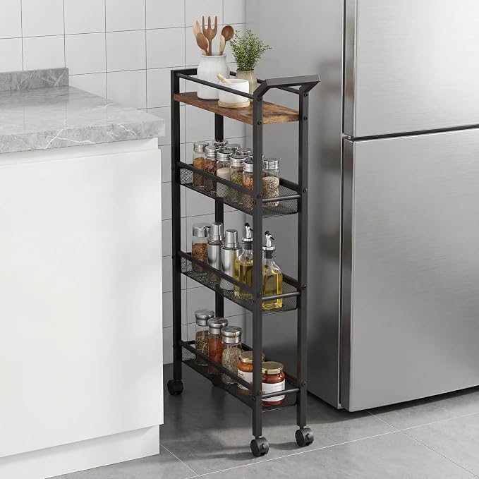 4 Tier Slim Rolling Storage Cart, 5.1 Inch Wide Narrow Storage Cart with Handle, Iron Wood Utility Slide Out Pantry Shelf Organizer for Laundry Room, Bathroom, Kitchen, Small Spaces, Black - Image 3