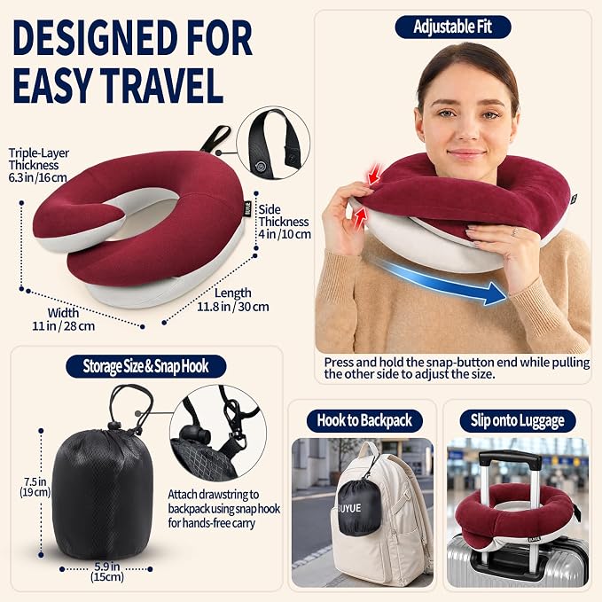 Travel Neck Pillows for Airplanes, Memory Foam 360° Head Support Sleep for Long Flight, Skin-Friendly & Breathable, Kit with Eye Mask, Earplugs and Storage Bag (Adult, Red, 90+ lbs) - Image 5