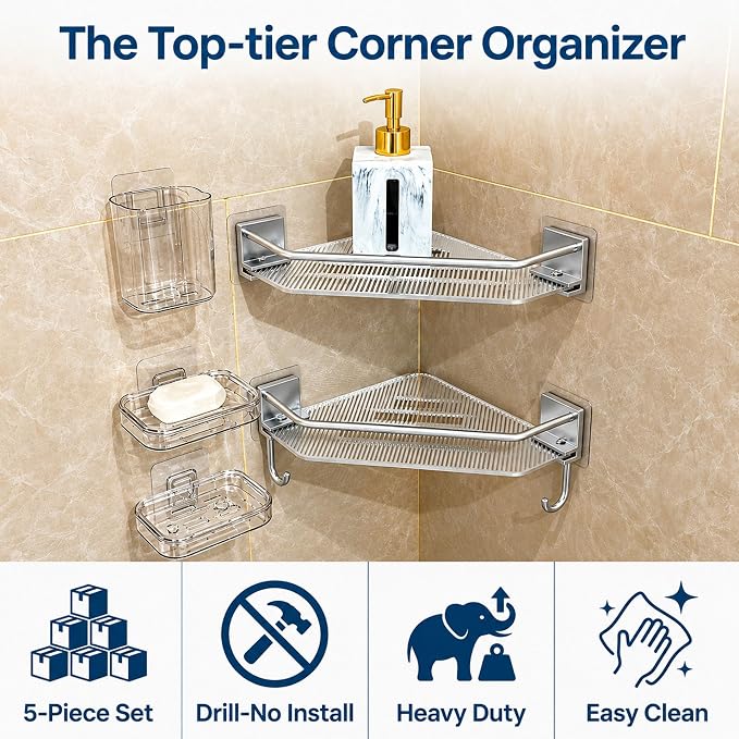 5 Pack Acrylic Shower Shelves Wall Mount, Shower Corner Shelf, Adhesive | Shower Organizers for Inside Stall, Clear, with Soap Holder Hooks and Drain Slots, No Drill, for Tile Glass in Small Baths - Image 7