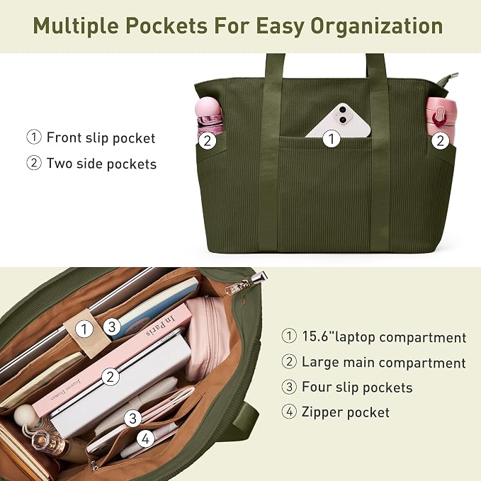 Tote Bag for Women, Casual Hobo Handbags with Compartments | Water Repellent Corduroy Large Capacity Fits 15.6" Laptop Zipper Closure for Travel Work School - Image 8